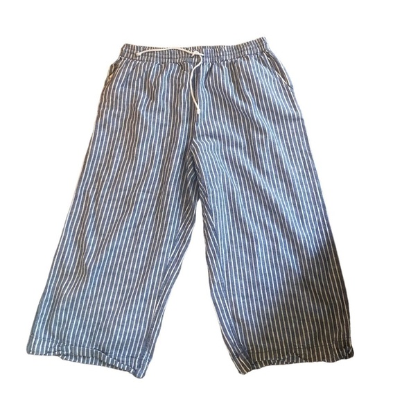 BeachLunchLounge Linen Wide Leg Crop Stripe Pant Sz. L Blue Drawstring Waist - Picture 1 of 6